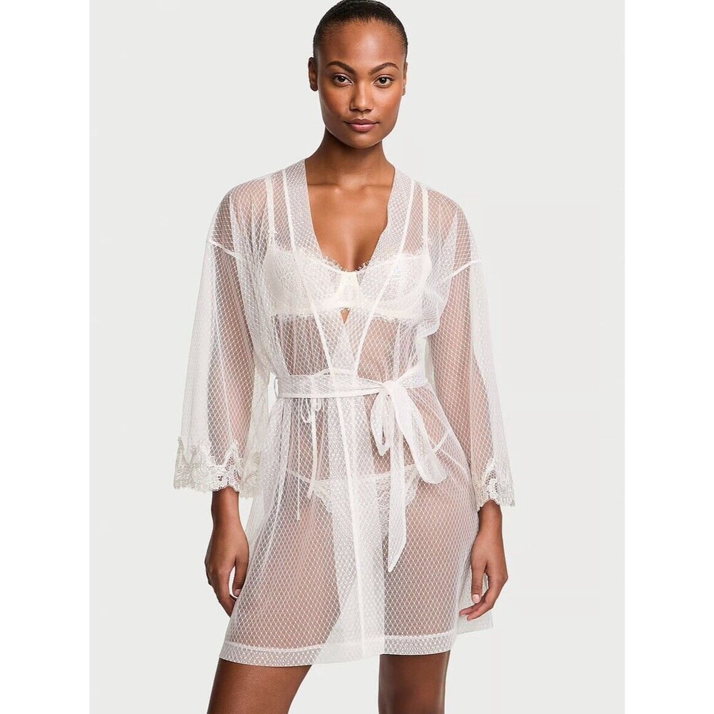 VICTORIA'S SECRET Sheer Boho Floral Embroidery‎ Short Robe White Size M/L